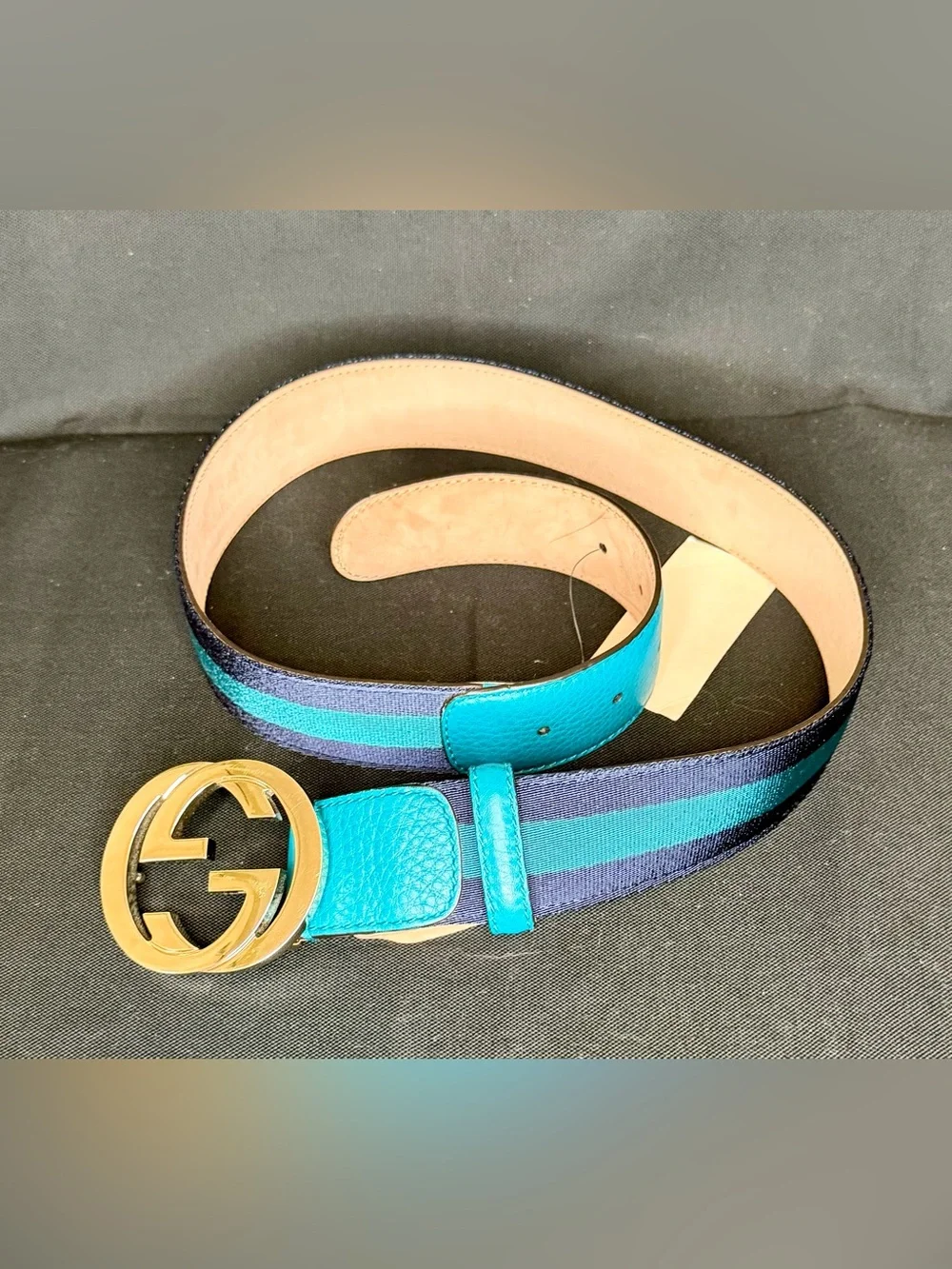 Gucci Blue/Navy Striped Web Belt w/ Gold GG Buckle (80 cm)